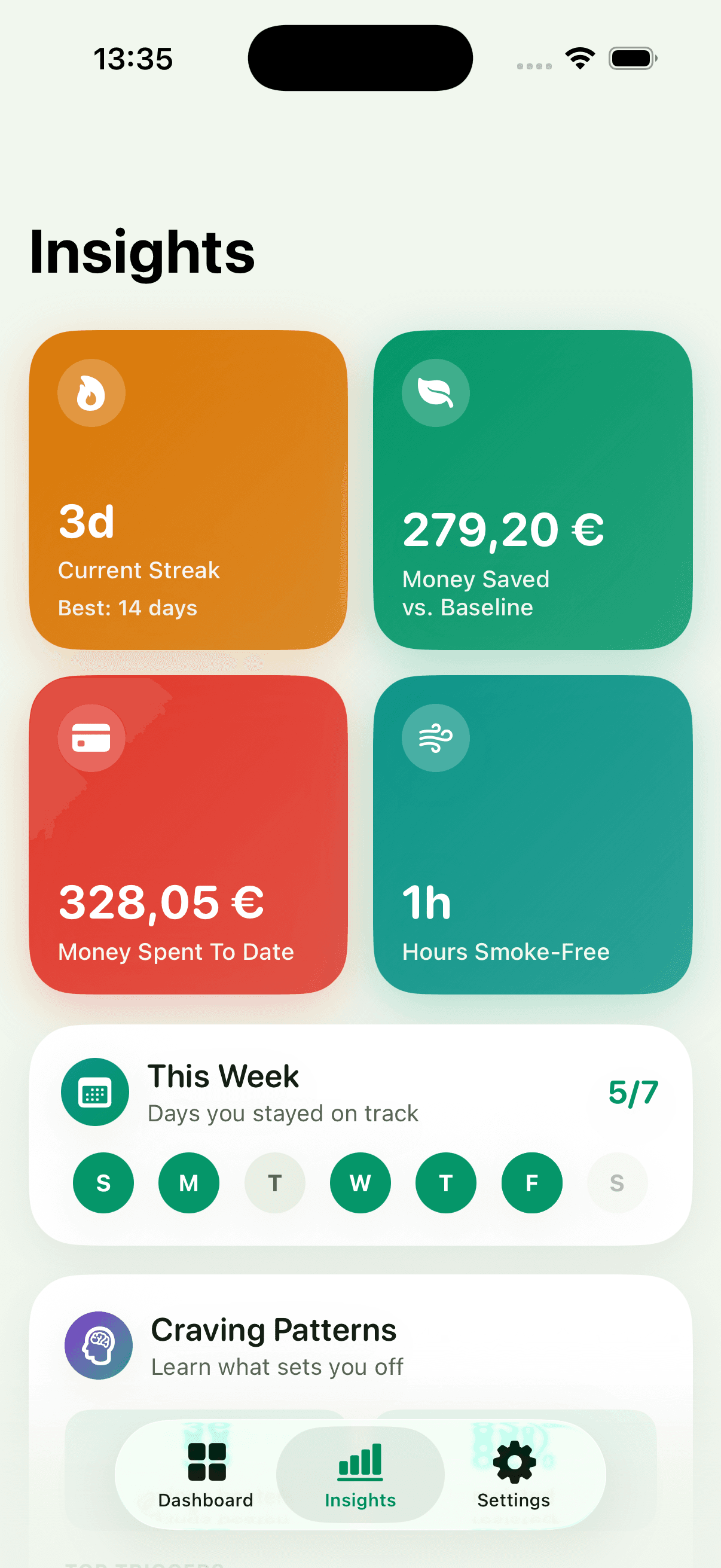Smokesmart Insights — current streak, money saved, and hours smoke-free