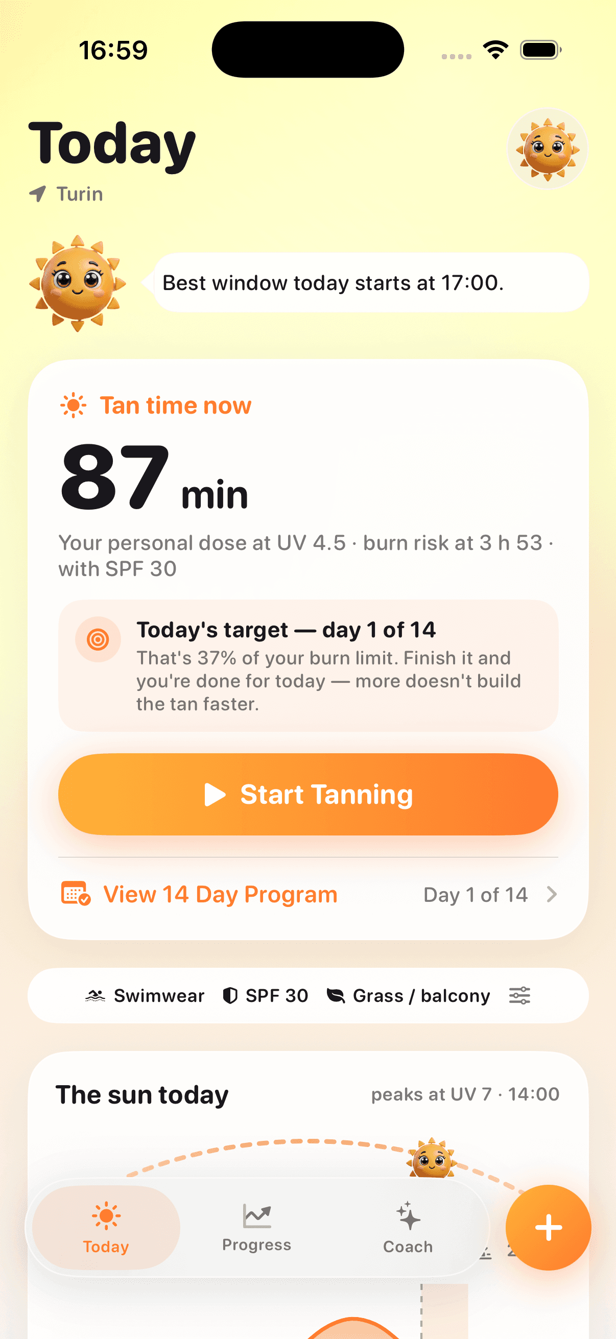 Tan Buddy — today's tan time, target for the day, and the sun's arc